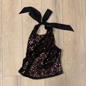 Intimately Sequin Halter Tie Back Top Dark Chocolate Size L NWT